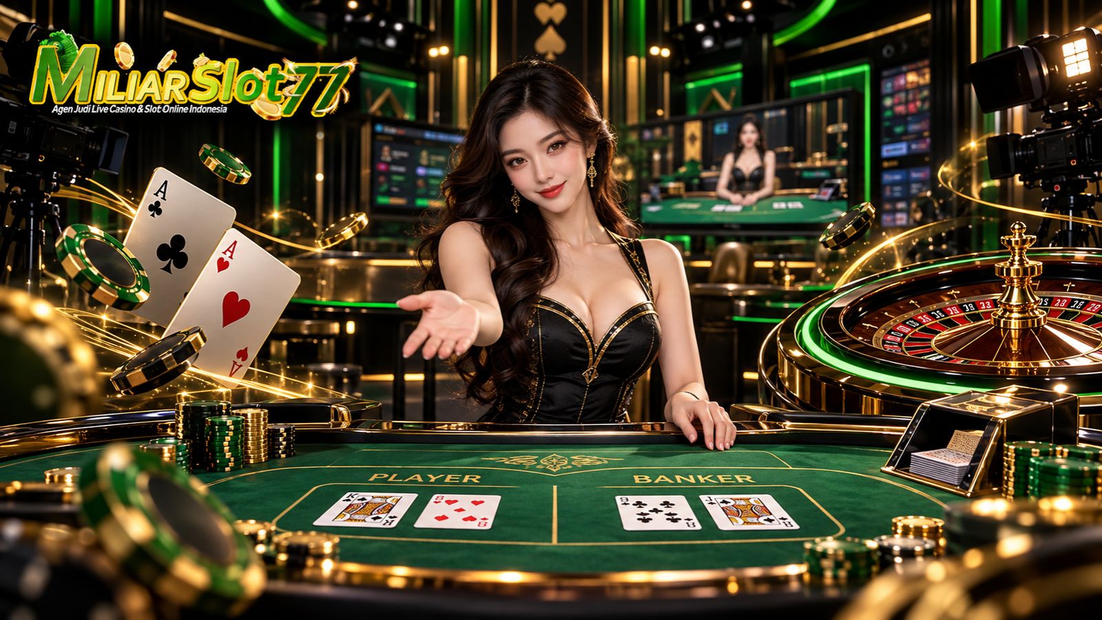 Live Casino Miliarslot77 dengan dealer, baccarat, roulette, kartu dan chip casino