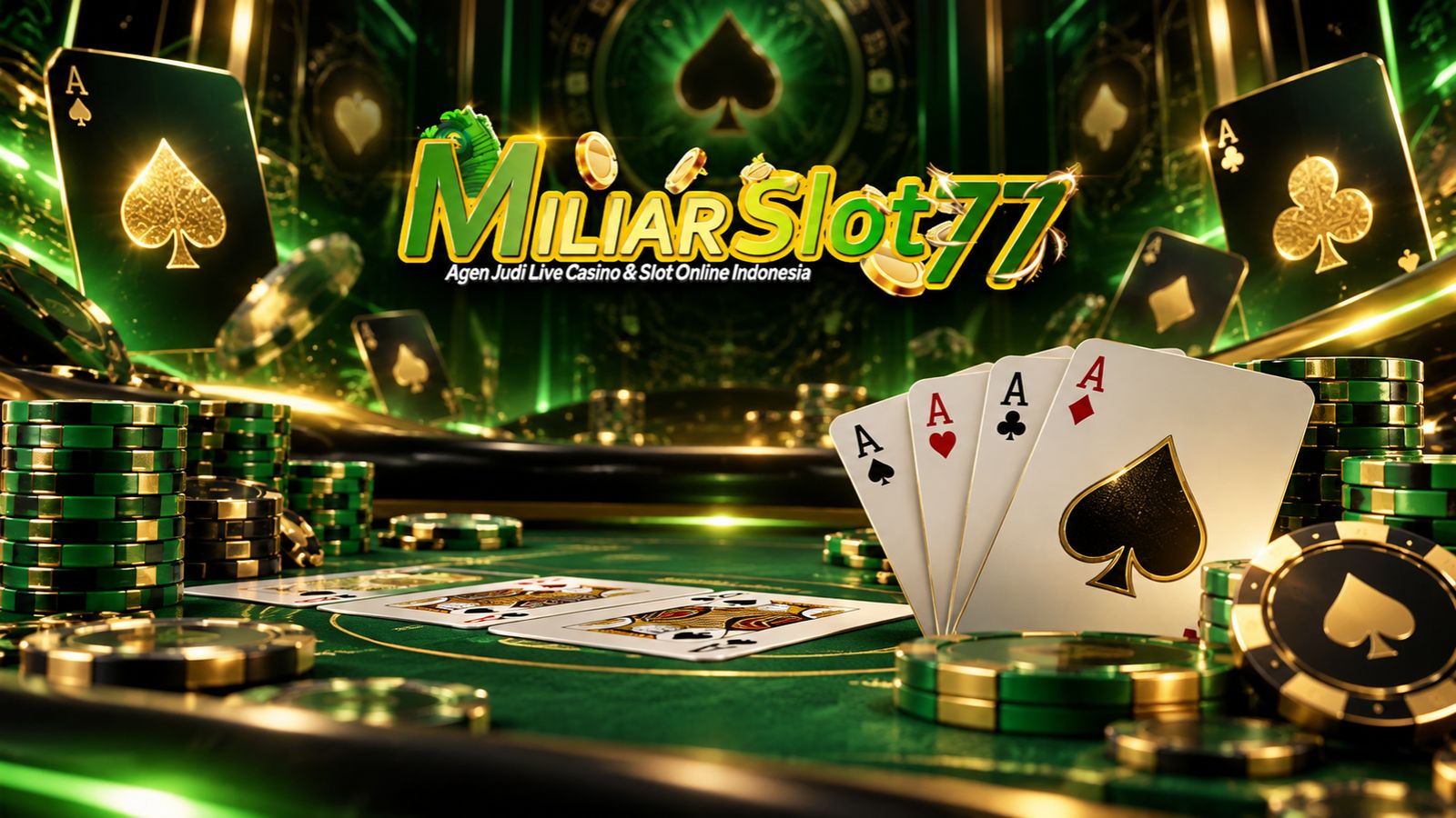 Poker Miliarslot77 dengan meja kartu, chip poker dan kombinasi kartu permainan