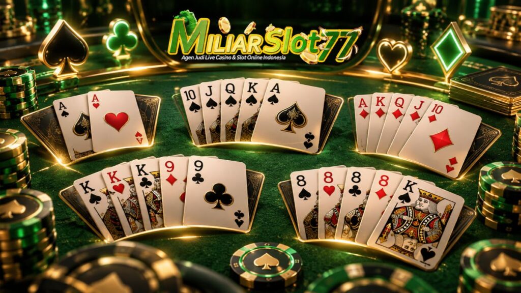 Kombinasi kartu poker Miliarslot77 dengan berbagai susunan poker hand di meja permainan