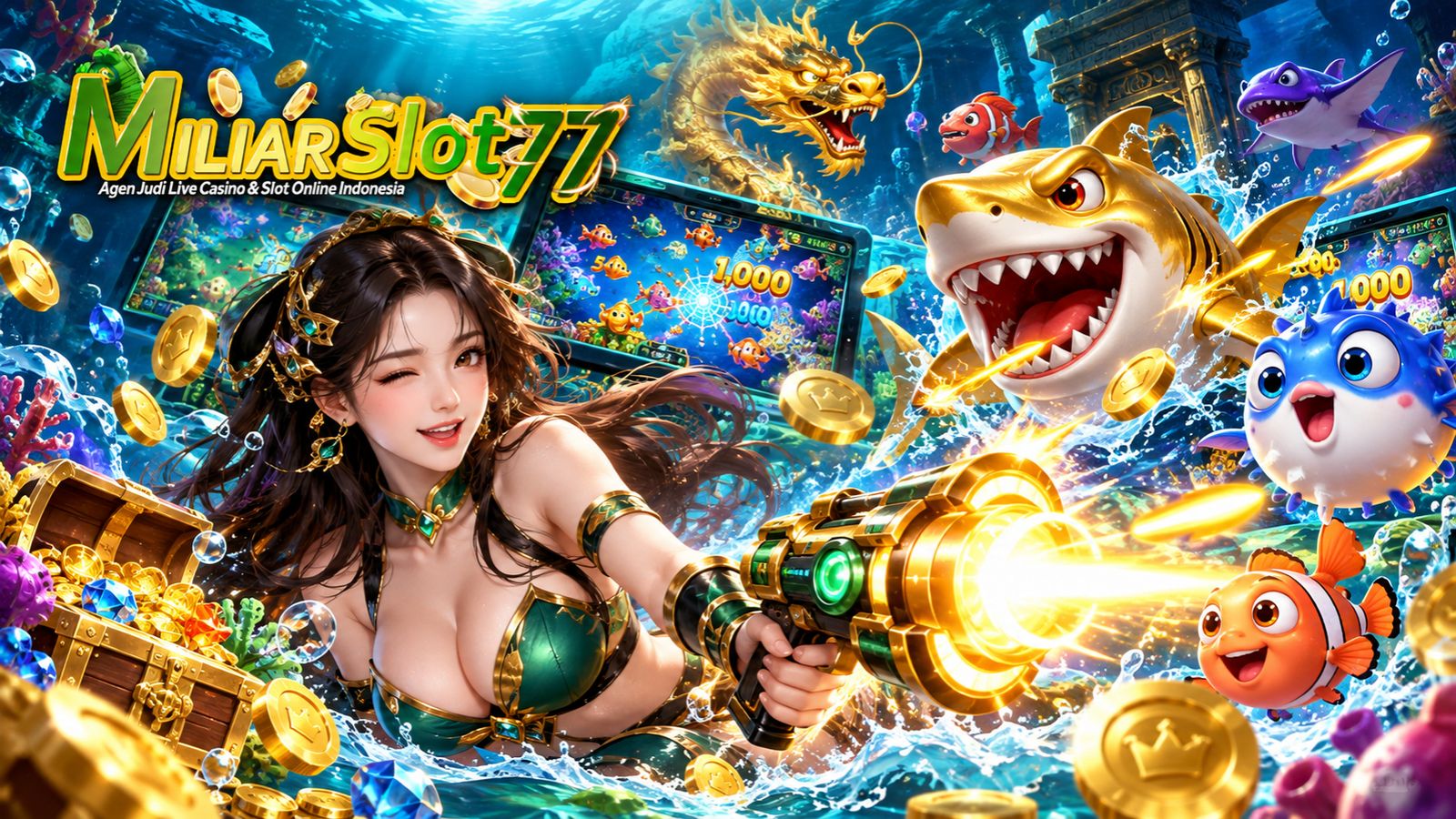 Tembak Ikan Miliarslot77 dengan karakter arcade bawah laut, cannon dan target ikan