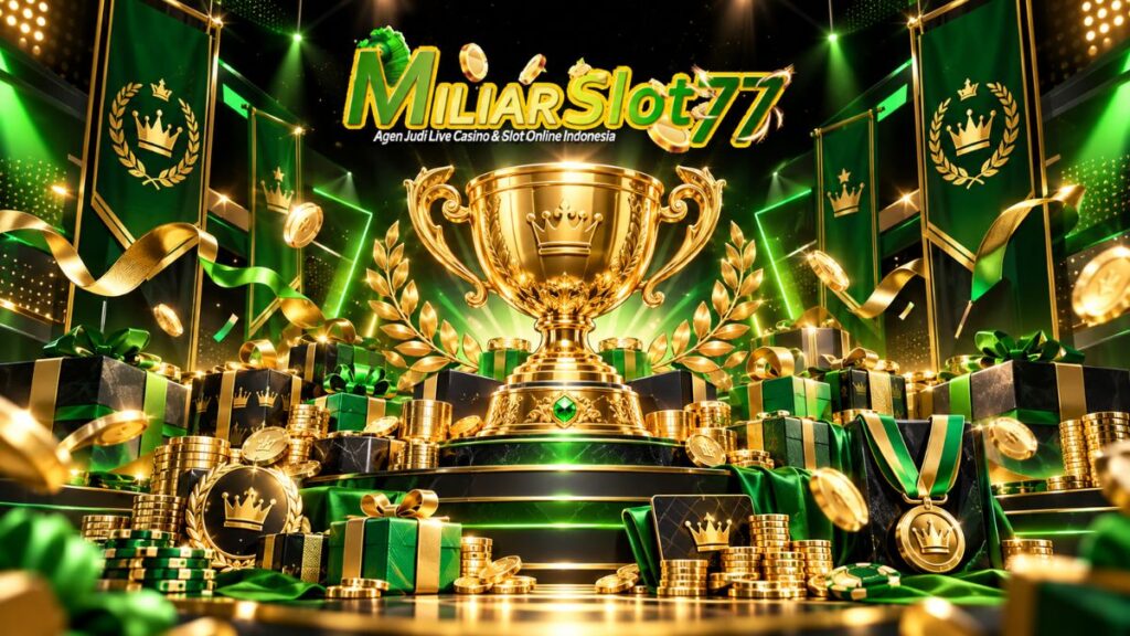 Hadiah event Miliarslot77 dengan trophy, medali, gift box dan koin emas
