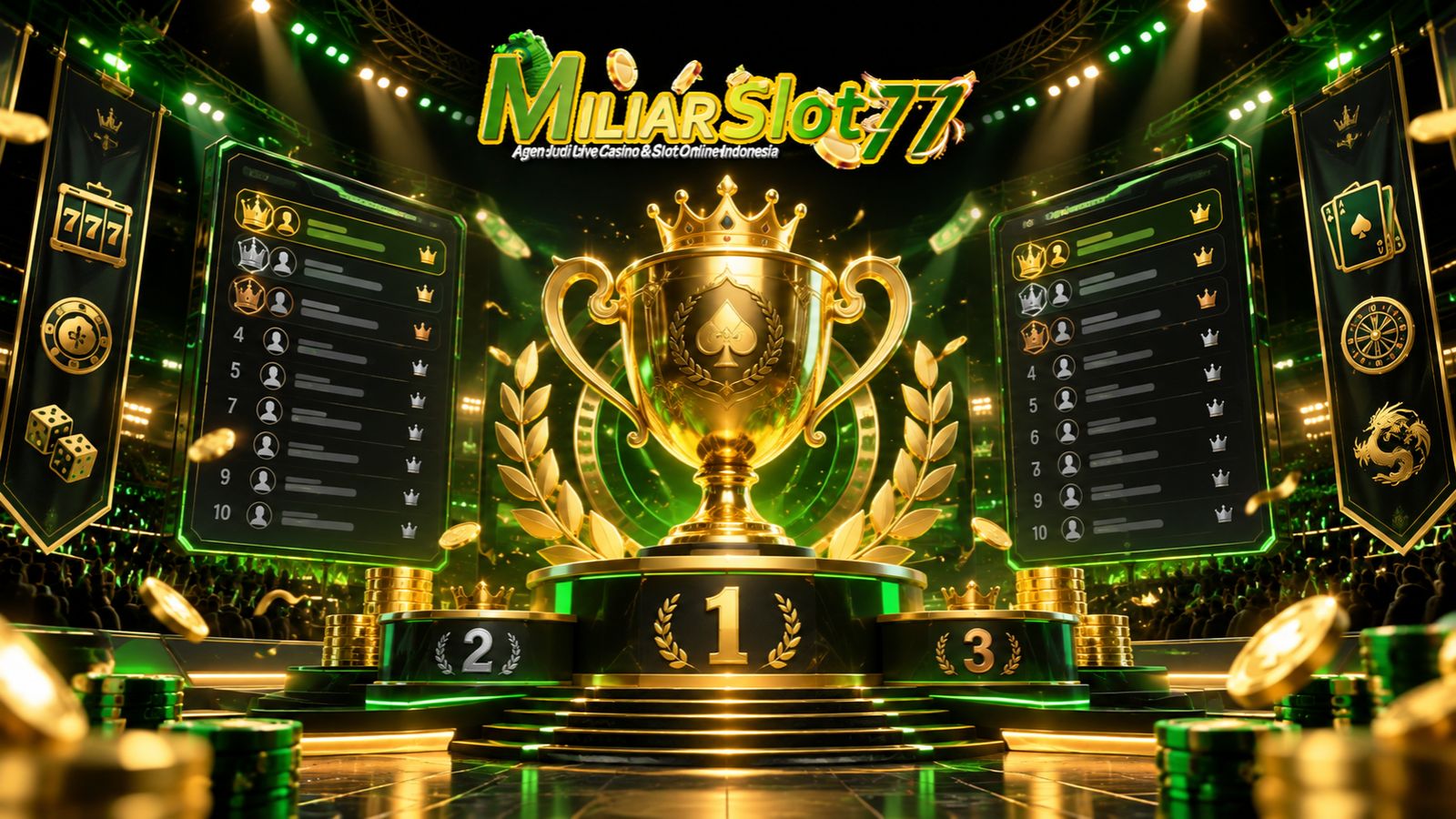 Turnamen Miliarslot77 dengan trophy, podium dan leaderboard kompetisi